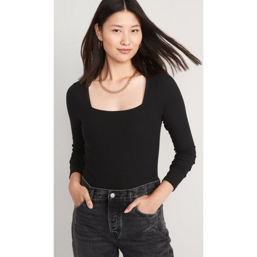 Black Square Neck Bodysuit Cotton blend Double Layer | Excellent Condition US M